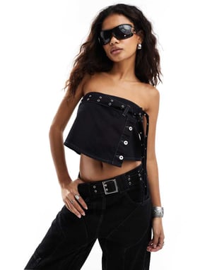 COLLUSION festival denim belted bandeau crop top in black