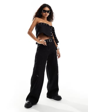 COLLUSION festival denim belted bandeau crop top in black