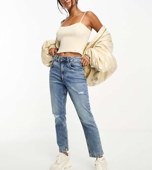 ASOS DESIGN Petite slim fit comfort mom jeans with rip in mid blue