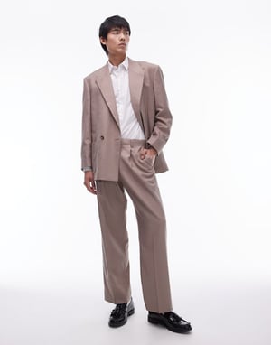 Topman wide leg suit trousers in stone-Neutral