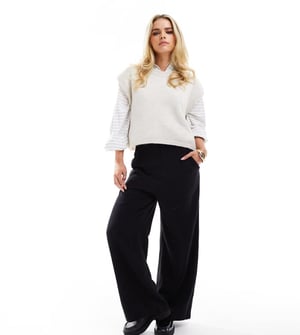 ASOS DESIGN Petite tailored high waist seam wide leg detail linen trousers in black