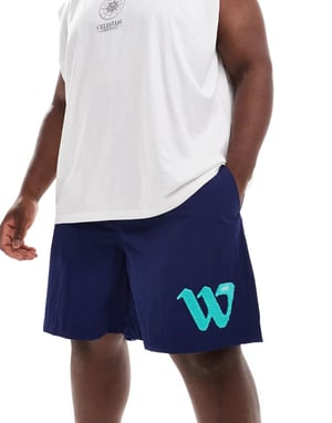 ASOS DESIGN nylon short in navy with boucle patch & embroidery