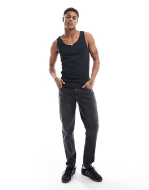 ASOS DESIGN 2 pack muscle fit rib vests in grey and black-Multi