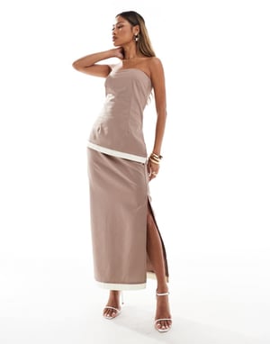 Kaiia bandeau asymmetric contrast hem side split top co-ord in mocha-Brown
