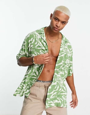 ASOS DESIGN boxy oversized revere longline bowling shirt in sage green zebra print