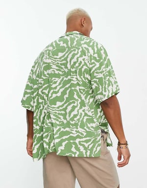 ASOS DESIGN boxy oversized revere longline bowling shirt in sage green zebra print