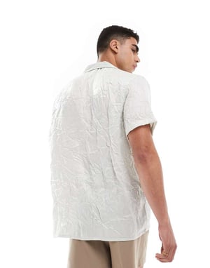 ASOS DESIGN short sleeve relaxed fit deep revere collar satin shirt in grey-Silver