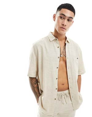 ASOS DESIGN relaxed linen blend shirt with square collar in beige-Neutral