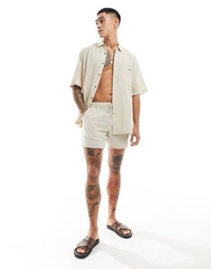 ASOS DESIGN relaxed linen blend shirt with square collar in beige-Neutral