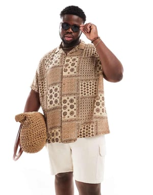 ASOS DESIGN relaxed revere shirt in neutral paisley print-Brown