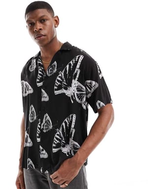 Jack & Jones oversized revere collar butterrfly shirt in black-White