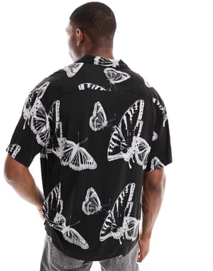 Jack & Jones oversized revere collar butterrfly shirt in black-White