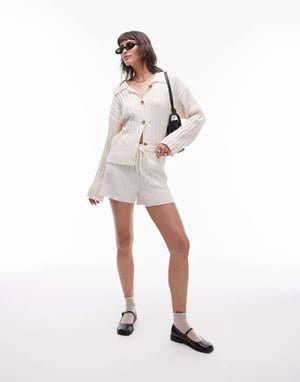Topshop knitted co-ord rib shorts in cream-White