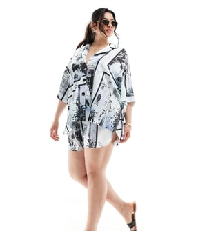 ASOS DESIGN Curve satin co-ord short in newspaper print-Multi