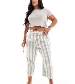 ONLY Curve linen mix culotte trousers with belt in cream and sage stripe-Multi