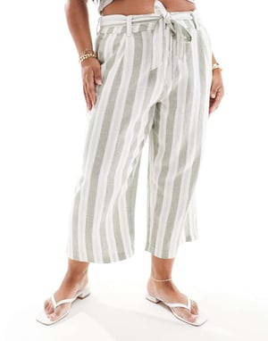 ONLY Curve linen mix culotte trousers with belt in cream and sage stripe-Multi