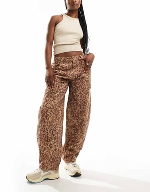 Reclaimed Vintage leopard print barrel leg trouser-Brown