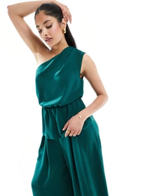 ASOS DESIGN one shoulder co-ord top with tie in dark green