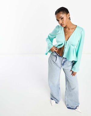 Pieces satin peplum tie front top in turquoise-Blue