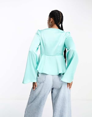 Pieces satin peplum tie front top in turquoise-Blue