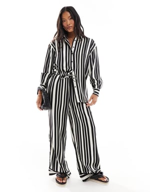 ONLY Petite oversized shirt co-ord in black and white stripe-Multi