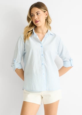 Blue Cotton Stripe Roll Up Sleeves Shirt
