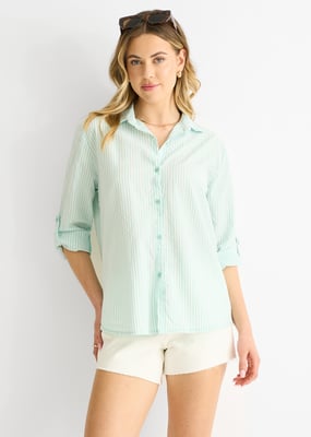 Sage Green Cotton Stripe Roll Up Sleeves Shirt