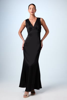Bow Back V Neck Satin Bridesmaid Dress