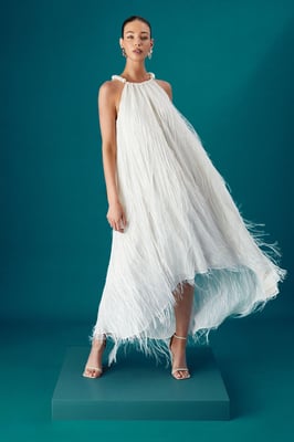 Coast Muse Feather Pearl Trim Volume Maxi Dress