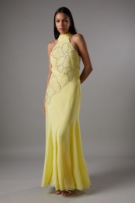 Embellished Maxi Dress With Godet Pleats