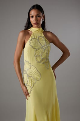 Embellished Maxi Dress With Godet Pleats