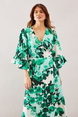 Floral Wrap Ruffle Midi Dress