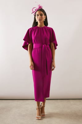 Woven Cape Belted Pencil Dress