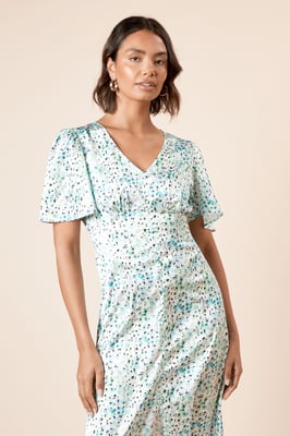 V Neck Angel Sleeve Midi Dress