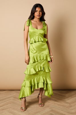Petite Printed Satin Jacquard Tiered Midi Dress