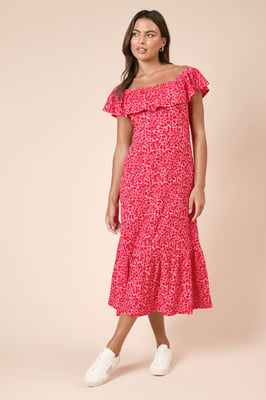 Red Ditsy Frill Tiered Hem Midi Dress