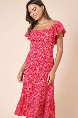 Red Ditsy Frill Tiered Hem Midi Dress