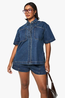 Plus Denim Short Sleeve Longline Shirt
