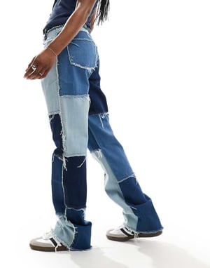 Jaded London boyfriend jeans in blue patchwork denim