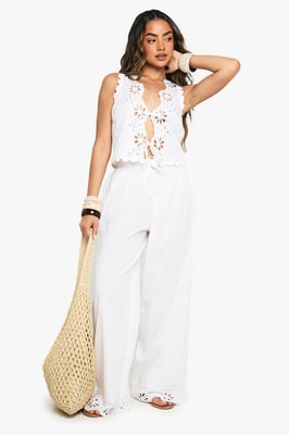 Cotton Poplin Broderie Trim Waistcoat & Trousers Co-ord