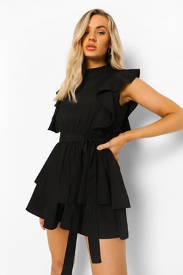 High Neck Frill Detail Belted Playsuit