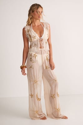 Embellished Moon & Star Wide Leg Beach Trouser