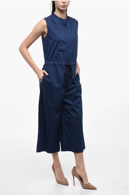 Popelin bomullsjumpsuit med bälte i blått