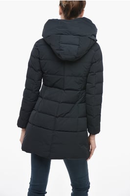 Blå, quiltad dunjacka med huva och puffy print