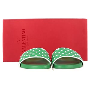 Valentino Garavani Rockstud Quilted Slides In Green Leather