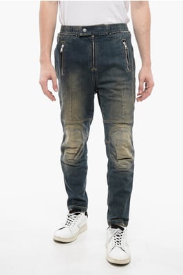 Vintage tvättade bikerjeans med resår i midjan 15 cm i blått