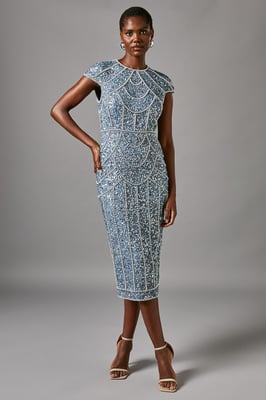 Cap Sleeve Pearl Embellished Pencil Dress