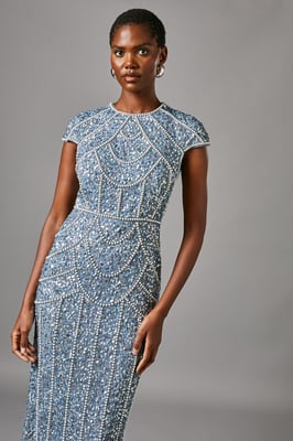 Cap Sleeve Pearl Embellished Pencil Dress