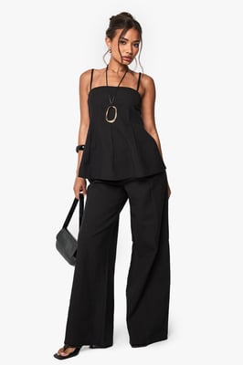 Linen Look Pleated Square Neck Cami Top And Wide Leg Trousers Co-Ord