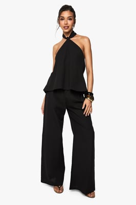Linen Look Halterneck Swing Top And Wide Leg Trousers Co-Ord